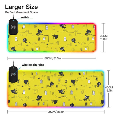 Black Cat Roof Wireless Charging Mouse Pad for Mobile Phone Extra Large Gaming Mousepad with 13 Lighting Modes Mouse Mat for Gaming MacBook PC Laptop Desk Office Home