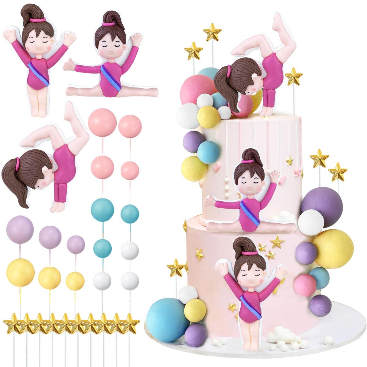 29 PCS Gymnastics Cake Toppers Gymnastics Girl Balls Cake Decorations for Girls Gymnastic Theme Birthday Party Baby Shower Supplies