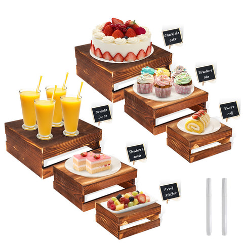 6 Pcs Buffet Risers with Mini Signs, Rustic Wood Cake Stands, Food Risers for Buffet Table, Dessert Display Stand, Wood Crates, Rustic Cake Stand for Party, Wedding, Birthday, Baby Shower, 3 Sizes