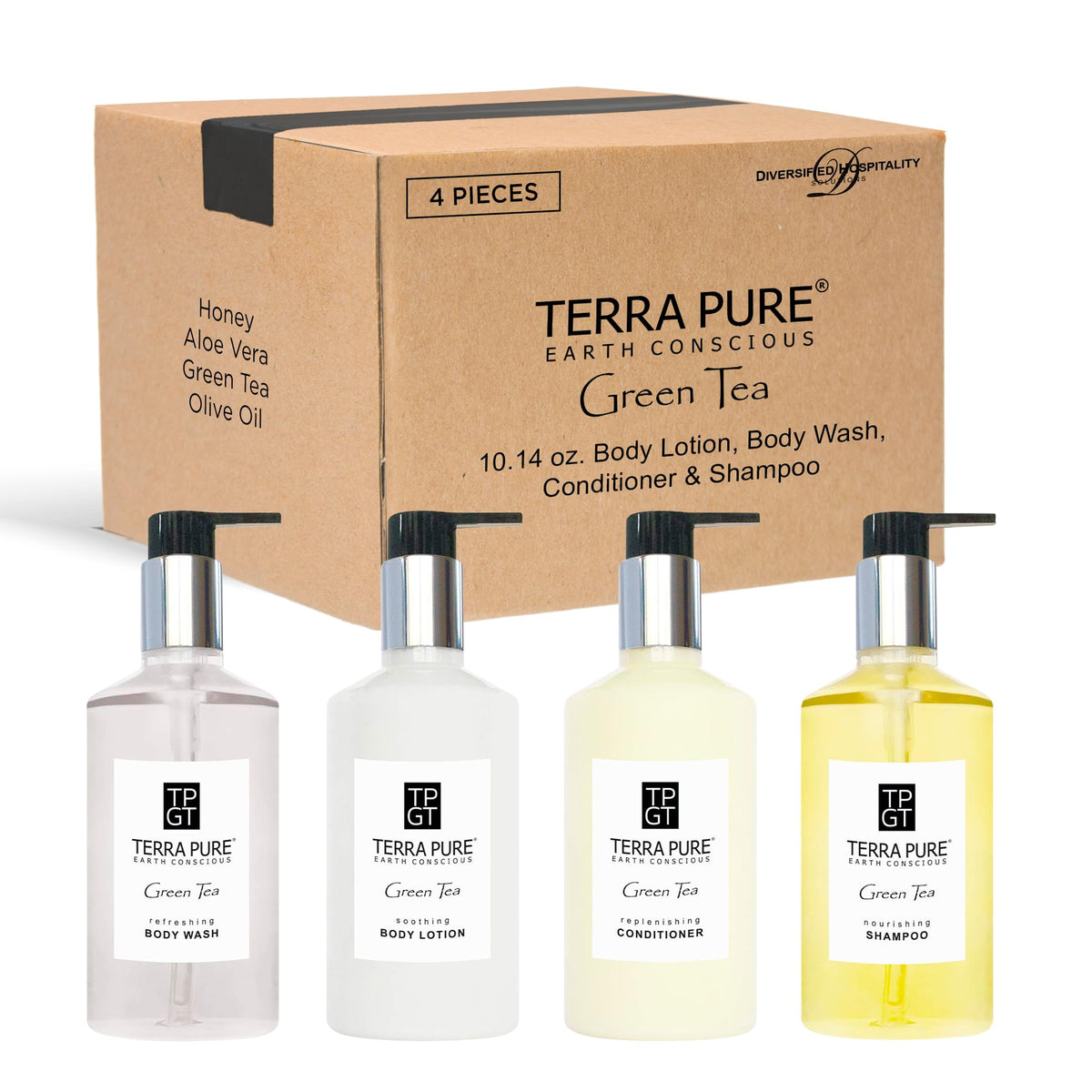 1-Shoppe Terra Pure Ecobox All-In-Kit | Green Tea Soap | 1 Shampoo, 1 Conditioner, 1 Body Lotion & 1 Body Wash | 10.14oz Hotel Soaps and Toiletries Bulk | Personal Care Products