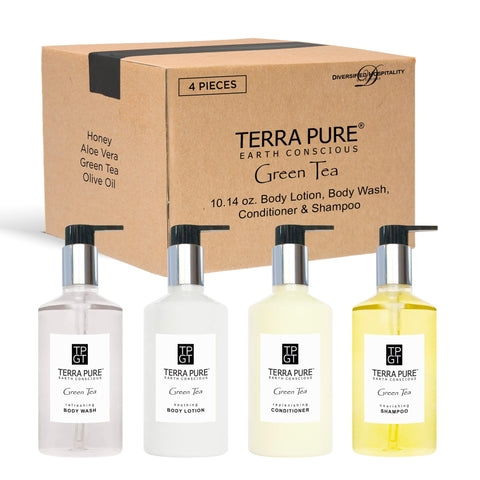 1-Shoppe Terra Pure Ecobox All-In-Kit | Green Tea Soap | 1 Shampoo, 1 Conditioner, 1 Body Lotion & 1 Body Wash | 10.14oz Hotel Soaps and Toiletries Bulk | Personal Care Products