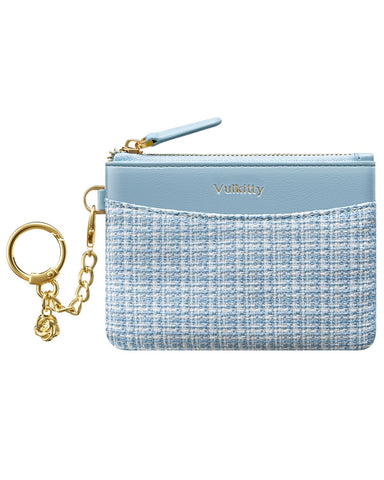Vulkitty Small Coin Purses for Women with Key Ring Hoop Mini Zipped Change Pouch Slim Women's Wallet RFID Blocking Credit Card Wallet for Women in Blue