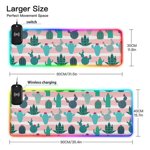 Cactus Pattern Blooming Wireless Charging Mouse Pad for Mobile Phone Extra Large Gaming Mousepad with 13 Lighting Modes Keyboard Mat for Gaming MacBook PC Laptop Desk Home Office