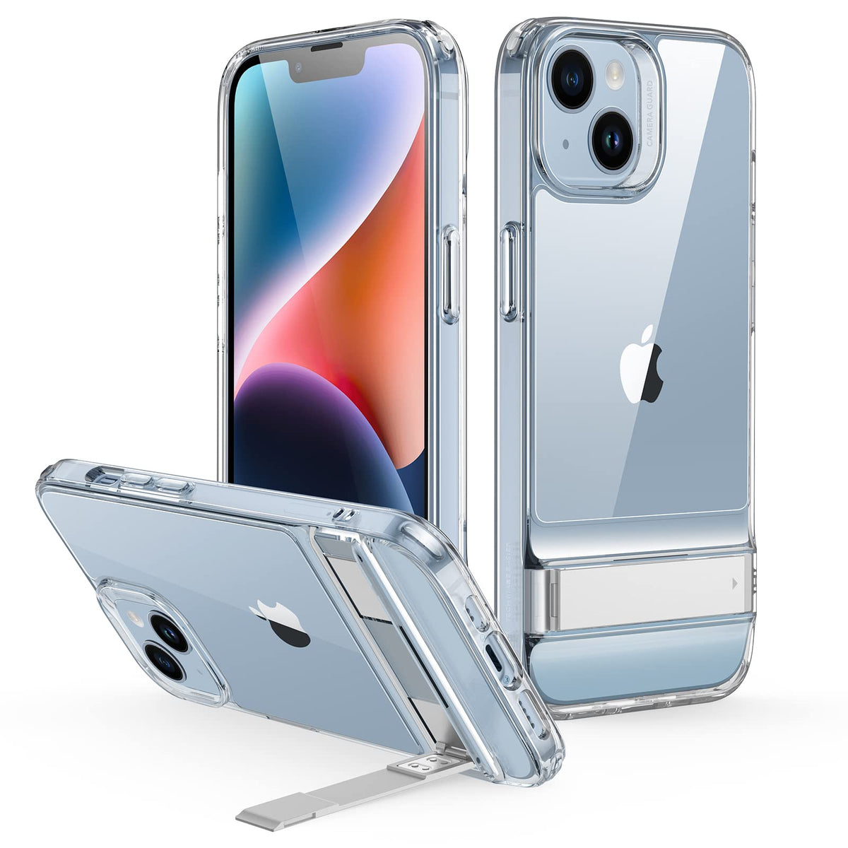 ESR Metal Kickstand Case Compatible with iPhone 14 Case and iPhone 13 Case, 3 Stand Modes, Military-Grade Drop Protection, Supports Wireless Charging, Slim Back Cover with Patented Kickstand, Clear