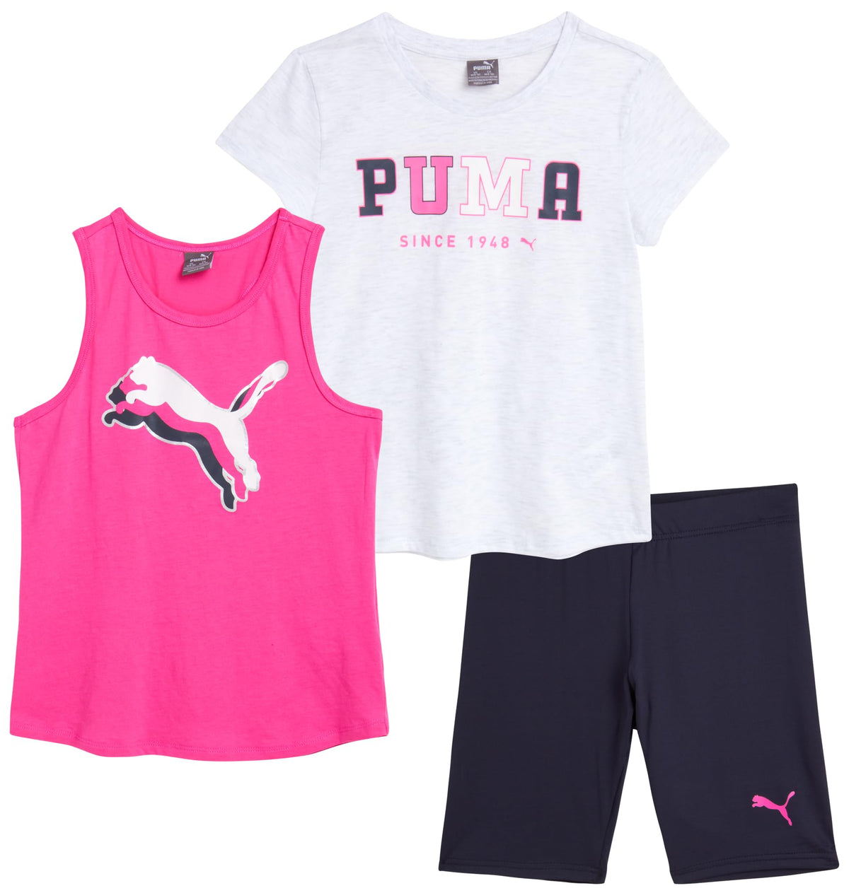 PUMA Girls' Active Shorts Set - 3 Piece Performance T-Shirt, Tank Top, Bike Shorts - Summer Athletic Outfit for Girls (S-XL), Size Small, White HeatherFuchsia