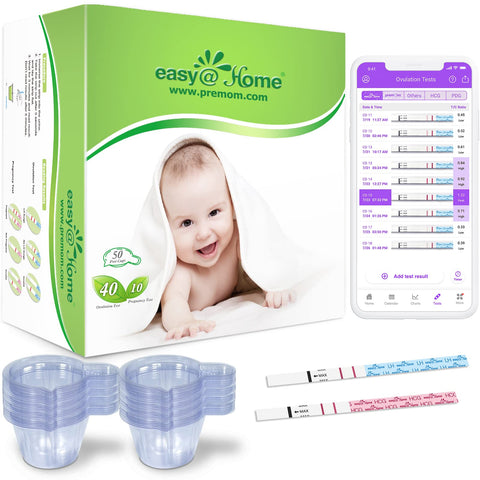 Ovulation & Pregnancy Test Strips Kit: Easy@Home 40 Ovulation Strips and 10 Pregnancy Tests Accurate Fertility Tracker OPK Powered by Premom Ovulation APP | 40LH + 10HCG + 50 Urine Cups