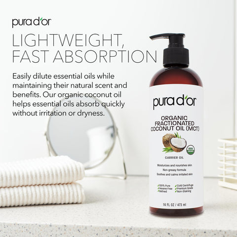 PURA D'OR 16 Oz ORGANIC Fractionated Coconut Oil - MCT Oil- 100% Pure & Natural USDA Certified Cold Pressed Carrier Oil - Unscented, Hexane Free Liquid Moisturizer - Face Skin & Hair - Men & Women
