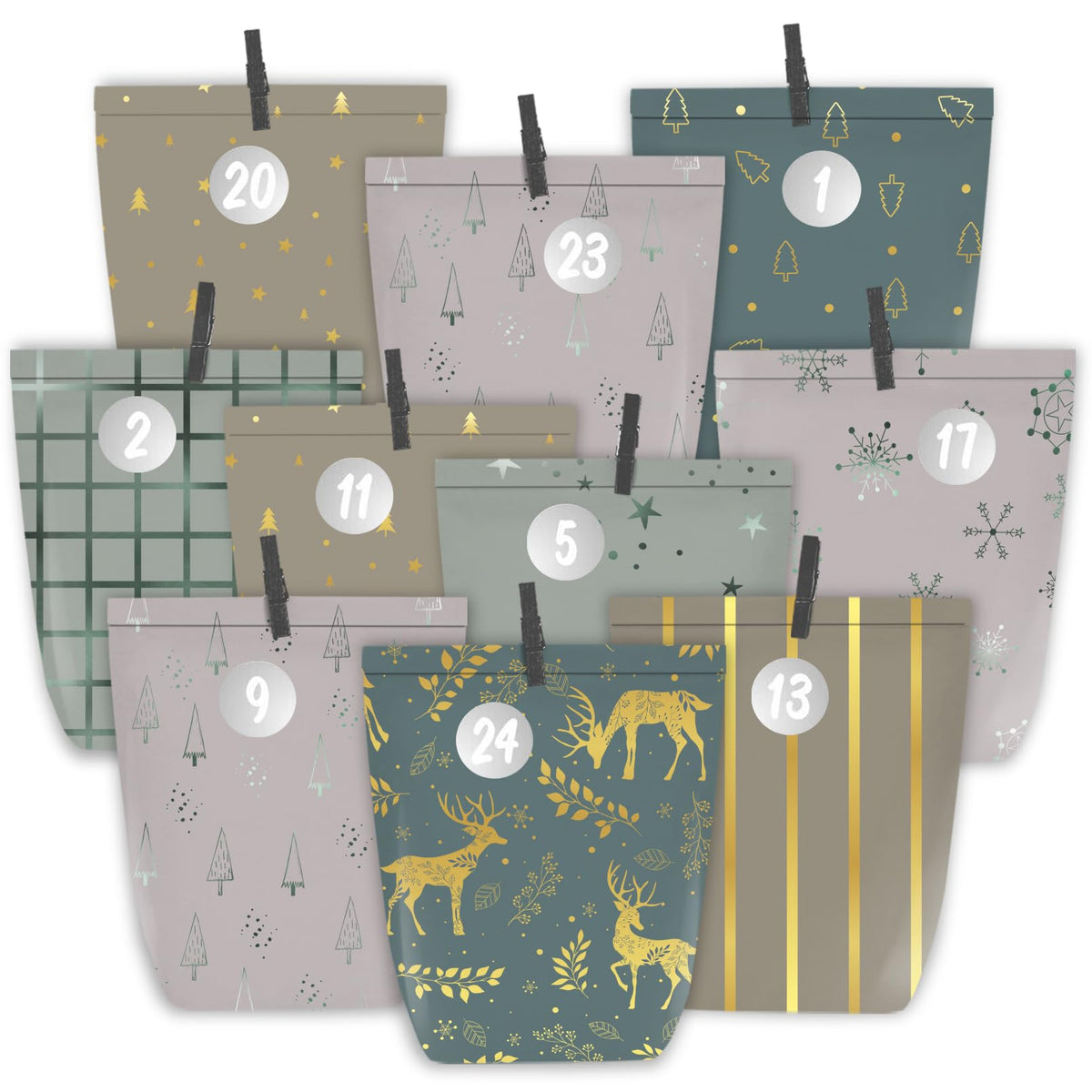 PANSIBY Advent Calendar for Filling, 24 Christmas Calendar Paper Bags for DIY Crafts, Christmas Bags with 1-24 Number Stickers to Fill Yourself
