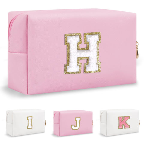 Personalized Chenille Letter Preppy Makeup Bag, Small Pink Travel Cosmetic Bag Initial Toiletry Zipper Pouch Monogram Makeup Storage, Waterproof PU Make Up Case Travel Essentials for Women(Letter H)