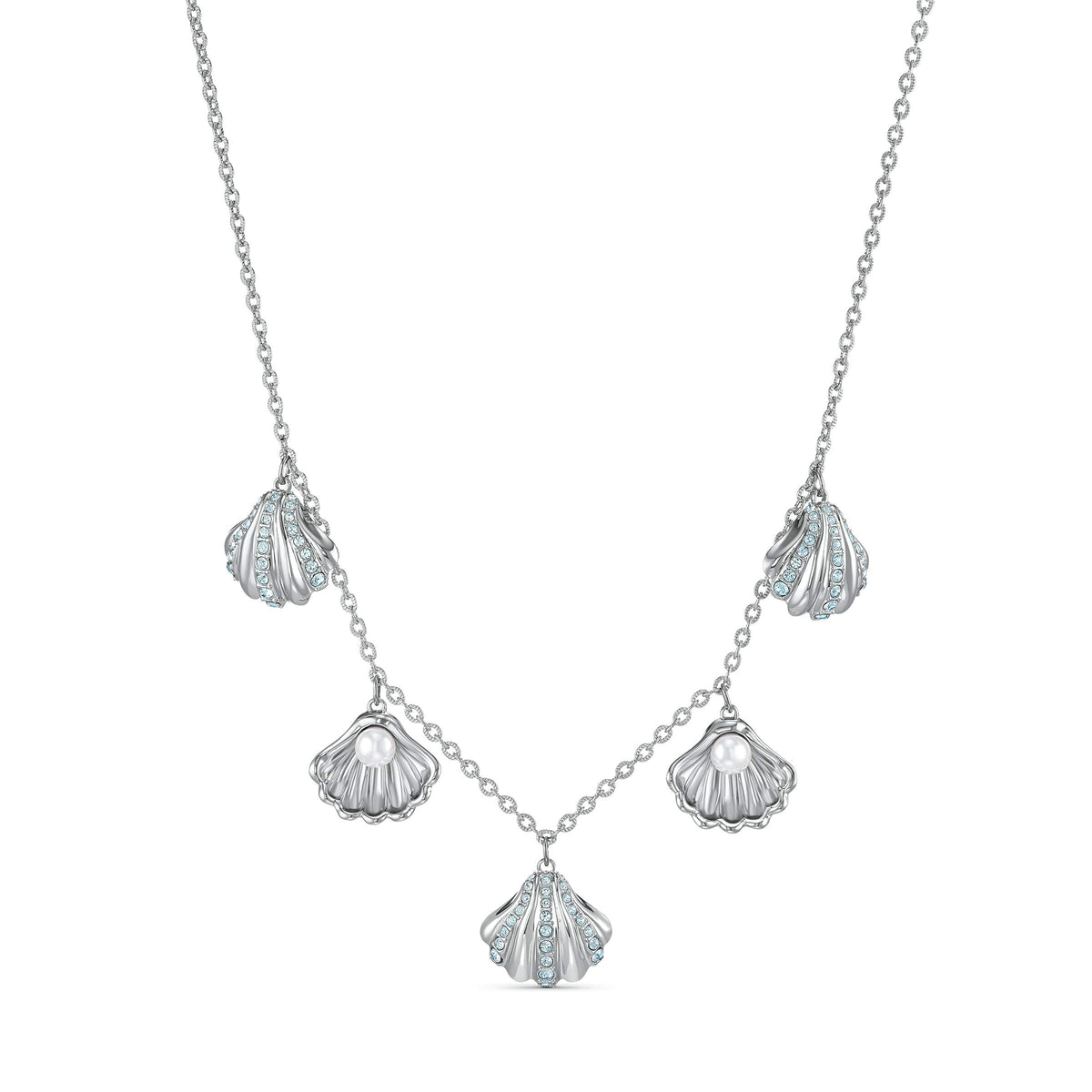 SWAROVSKI Shell Scallop Necklace, Rhodium Finish, Aqua Blue Crystals, an Amazon Exclusive