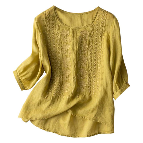 Women's Embroidery Cotton Linen Shirt Summer Casual Loose Crew Neck Half Sleeve Cotton Linen Tops 08_Yellow 3XL