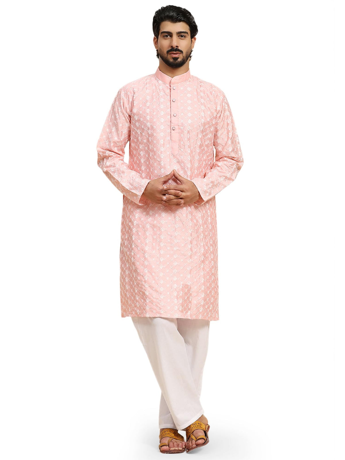 SKAVIJ Men's Brocade Silk Embroidered Kurta Pajama Set Ethnic Motifs Thread Work Party Dress (KP134pink_Pink_S)