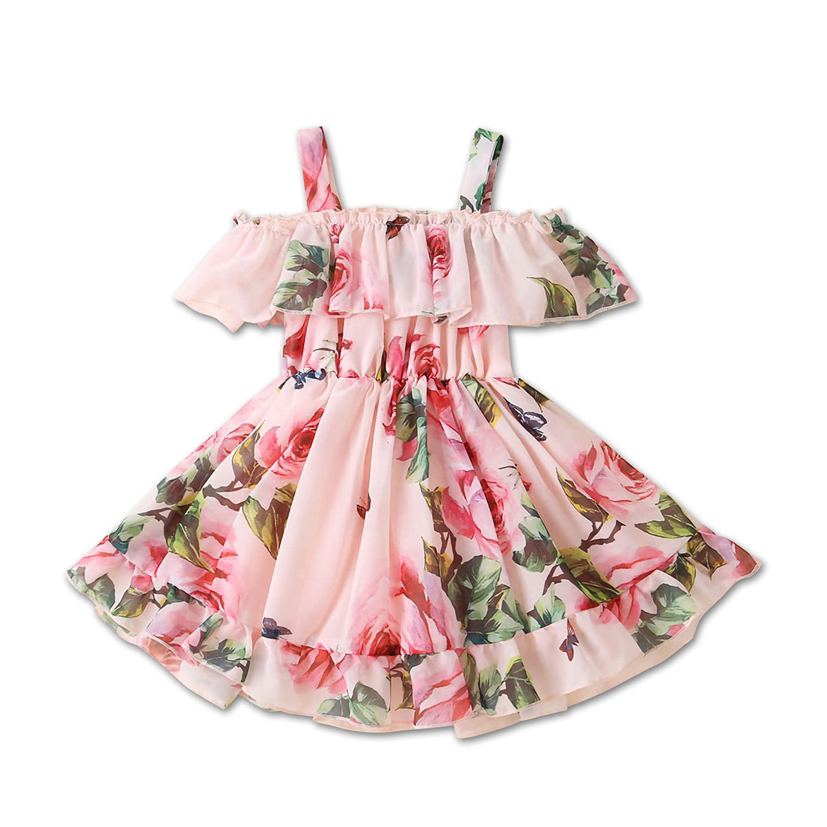 Derouetkia Toddler Baby Girls Summer Floral Dress Off Shoulder Skirt Chiffon Princess Dresses Suspender Sundress for Little Girls, Pink, 18-24 Months