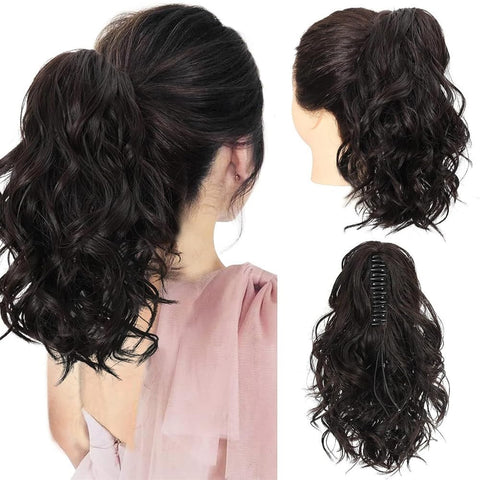 RPAEOY Ponytail Hair Hairpieces for Women 35 CM Claw Clip Clip in Hair Extension Fluffy Curly Natural Synthetic Hair Fiber Wigs Replacement Wigs for Cosplay Daily Use Party Wear (Black Brown)
