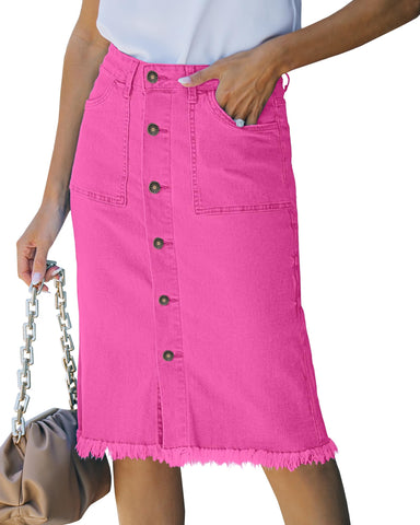 luvamia Women's Casual Mid Waisted Classic Pockets Stretch Short Denim Jean Womens Skirts Hot Pink X-Large Fits Size 16 Size 18