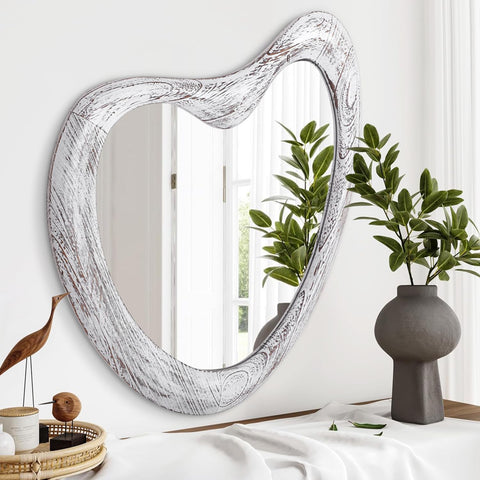 Irregular Mirror for Wall, Asymmetrical Vanity Mirror Wood Frame Modern Unique Wall Mirror Decorative Vanity Bathroom Living Room Bedroom Entryway Hallway Artistic Mirror Large 65 x 45cm Rustic White