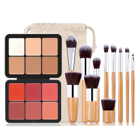 Joyeee 6 Colors Cream Blush Palette + 6 Colors Concealer Cream Contour Palette, Foundation Palette with 11 Pcs Makeup Brush Set, Long Wearing Blendable Full Coverage