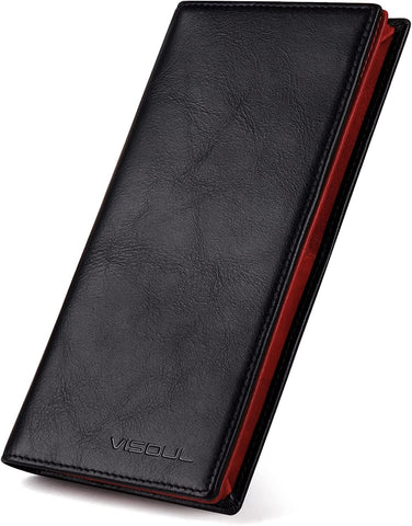 VISOUL Genuine Leather Wallet | Genuine Vintage Leather - XXL Long Wallet - Credit Card Holder | Women - Men's Wallet - RFID Protection Wallet Wallet, Black+48 Reddish Brown, Vintage