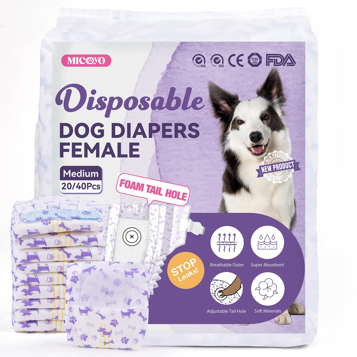 MICOOYO Disposable Dog Diapers Female, Doggie Diapers for Dogs Female, Super Absorbent Pet Diapers Foam Tail Hole Female Dog Diapers for Heat, Comfortable Puppy Diapers (Medium, 20Count)