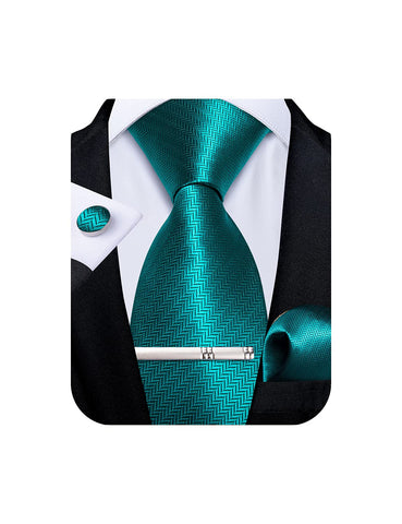DiBanGu Mens Silk Necktie Solid Color Tie and Pocket Square Cufflink Tie Clip Set Woven Plain Ties for Men Wedding Party, Turquoise
