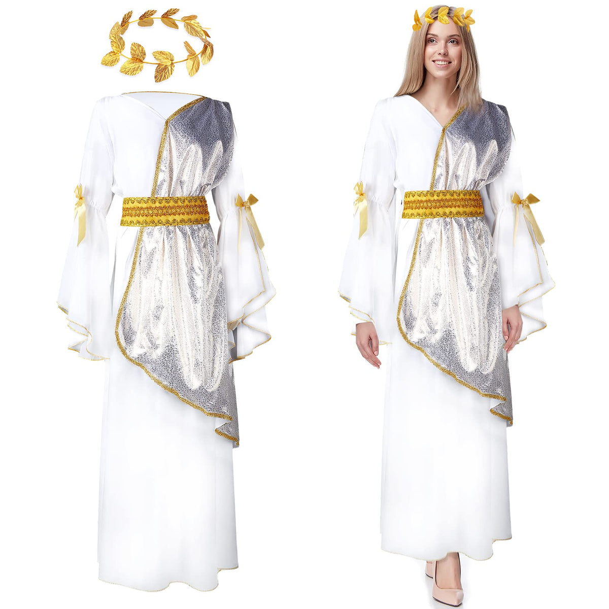Geyoga 2 Pcs Greek Goddess Costume Toga Costume Women Halloween Greek Dress with Roman Crown Leaf Wreath(Large)