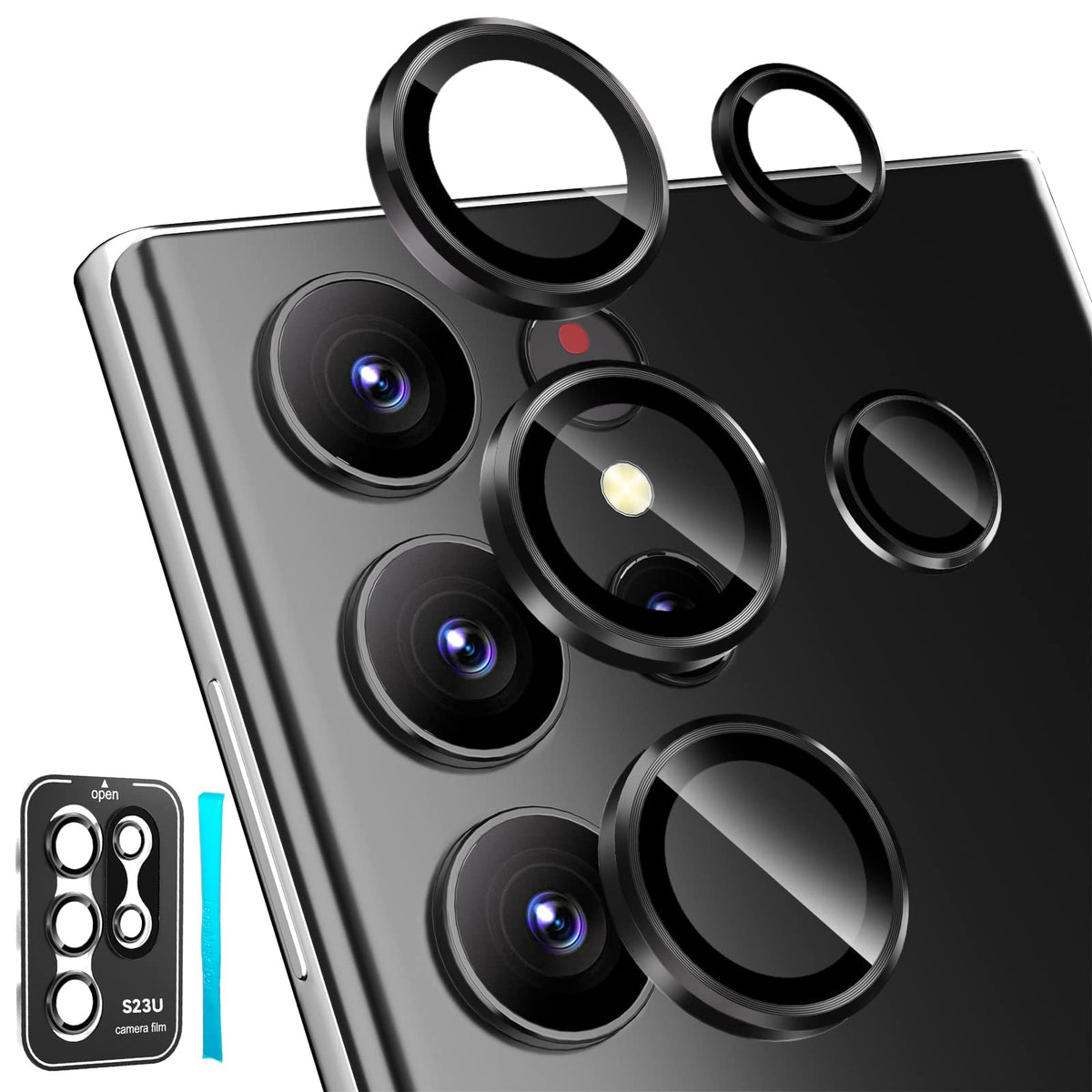 imluckies Camera Lens Protector for Samsung Galaxy S23 Ultra (2023), Scratch-resistant Tempered Glass Back Camera Lens Protector, Aluminum Alloy Full Fit Lens Ring Cover, Black