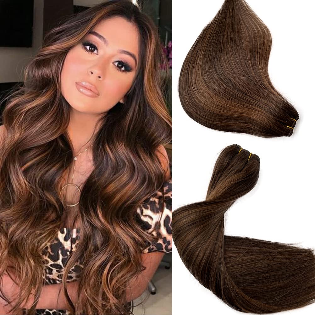 Brown Blonde Sew in Hair Extensions Human Hair with Dark Brown Roots Blonde Balayage Hand Tied Weft Hair Extensions Ombre Brown Highlighted Chestnut Brown Weft Extensions Remy Human Hair 12Inch 80g