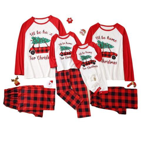 NMVB Christmas Matching Family Pyjamas Set Matching Christmas Pjs for Family Women Men Kids Baby Newborn Cotton Christmas Tree Car Print Top Plaid Pants Xmas Outfits Pajamas Holiday Sleepwear Red