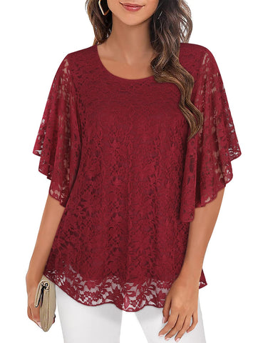 Syphiby Womens Blouses Ruffle 3/4 Sleeve Mesh Ladies Tops Chiffon Double-Layered Tunic Tops Loose Flowy Shirts