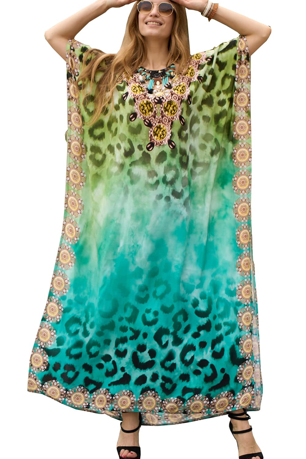 YouKD Women's Summer Bohemian Long Kaftan Ethnic Pattern MaxiDress Cover Ups Sunblock Swimsuit, A Green Leopard, One Size