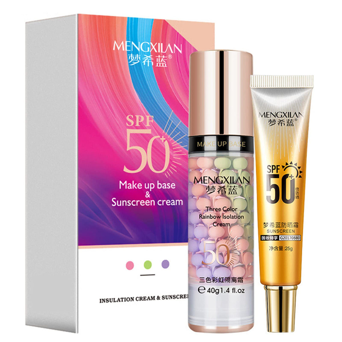 Makeup primer and sunscreen set, insulating cream invisible pore, sunscreen lotion SPF More than 50 sun protection, skin tone correcting and brightening foundation, covering acne spots