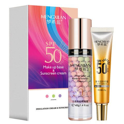 Makeup primer and sunscreen set, insulating cream invisible pore, sunscreen lotion SPF More than 50 sun protection, skin tone correcting and brightening foundation, covering acne spots