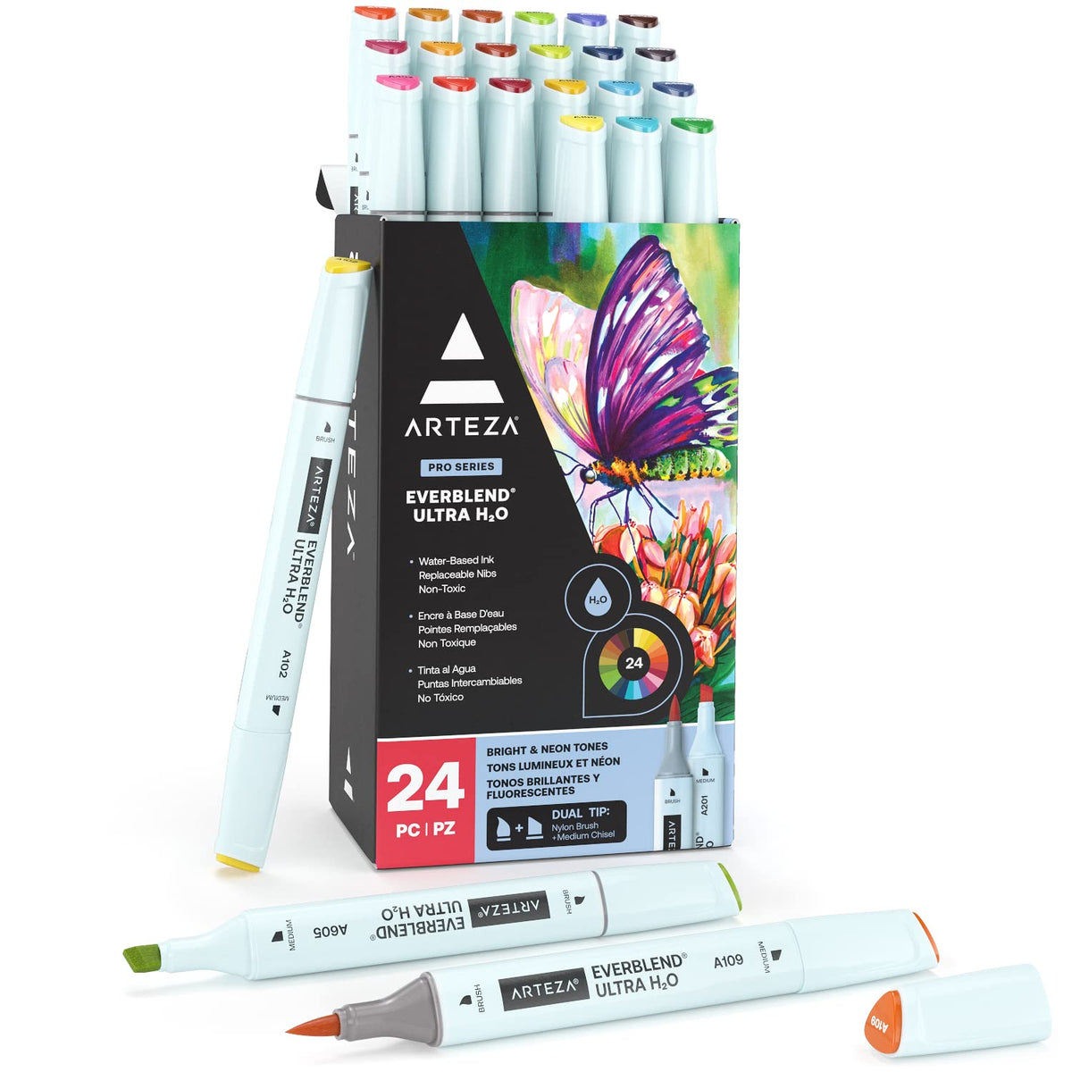 ARTEZA Dual Tip Brush Pens, 24 Bright and Neon Tones, EverBlend Watercolor Calligraphy Markers with Nylon Brush