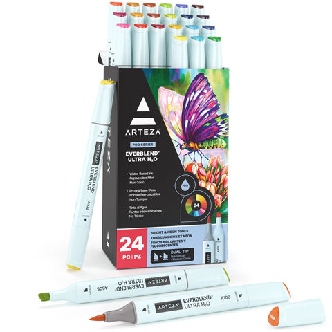 ARTEZA Dual Tip Brush Pens, 24 Bright and Neon Tones, EverBlend Watercolor Calligraphy Markers with Nylon Brush