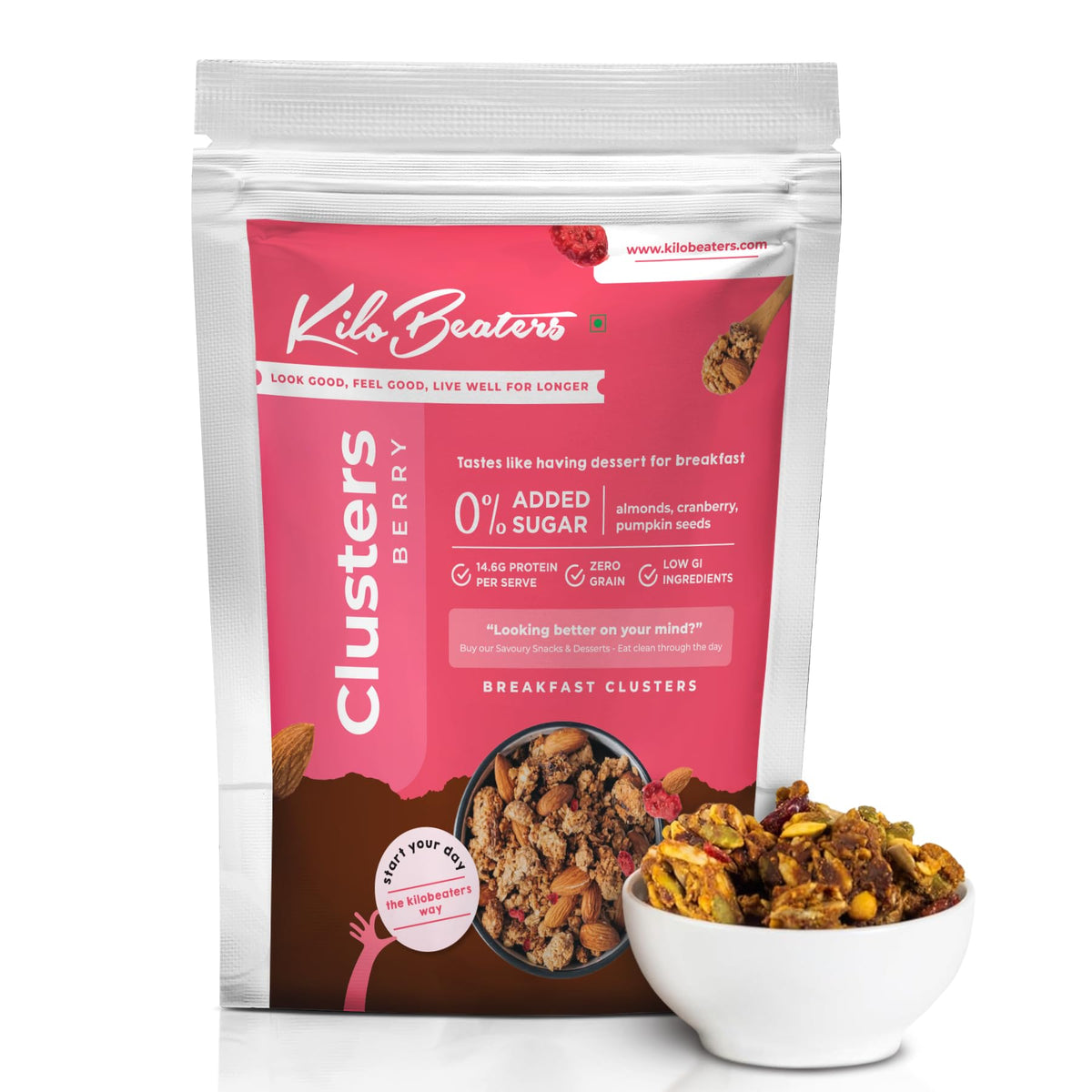 KILOBEATERS Clusters Muesli, Low Carb Breakfast Cereals With High Protein, No Added Sugar, Diet Food, Berry (400 gm) Pack of 1