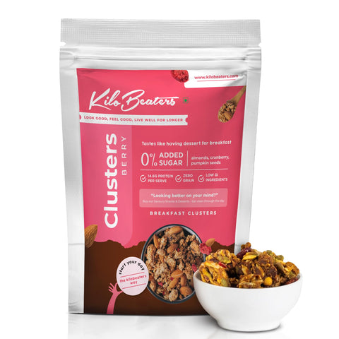 KILOBEATERS Clusters Muesli, Low Carb Breakfast Cereals With High Protein, No Added Sugar, Diet Food, Berry (400 gm) Pack of 1