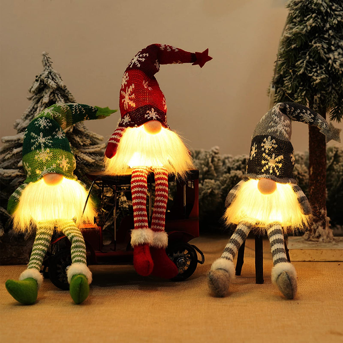 3 Pcs Christmas Gnome Plush With Led Light, Long Hat Faceless Swedish Gnome, Knitted Xmas Gonk, Christmas Elf Decoration, Battery Operated, For Home Decoration Holiday Present (Red gray green, middle) (Middle)