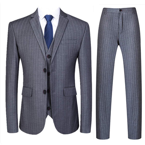 Mens 3 Piece Pinstripe Suit Slim Fit Casual Dress Suits Blazer + Vest + Pants US Size 44 Gray