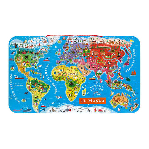 Janod J05503 Wooden Magnetic World Map Puzzle 92 pieces, Spanish Version