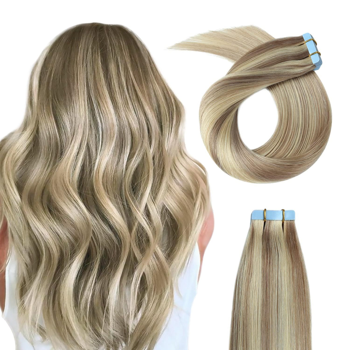 YILITE Tape in Hair Extensions Human Hair 18 Highlight 613 Blonde Tape Ins Hair 18Inch Seamless Skin Weft Adhesive Tape in Real Human Hair,18inch 20PCS 50g Remy Tape in Extensions(18 inch P18/613)