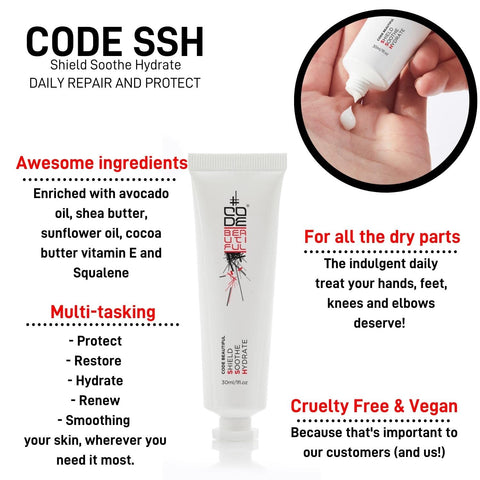 CODE Beautiful Hand Cream to Protect, Restore & Renew skin, For all skin, Hand Cream for Very Dry Hands, Barrier Cream for hands, Feet & Elbows, Cruelty Free & Vegan SSH Shield Soothe Hydrate 30ml