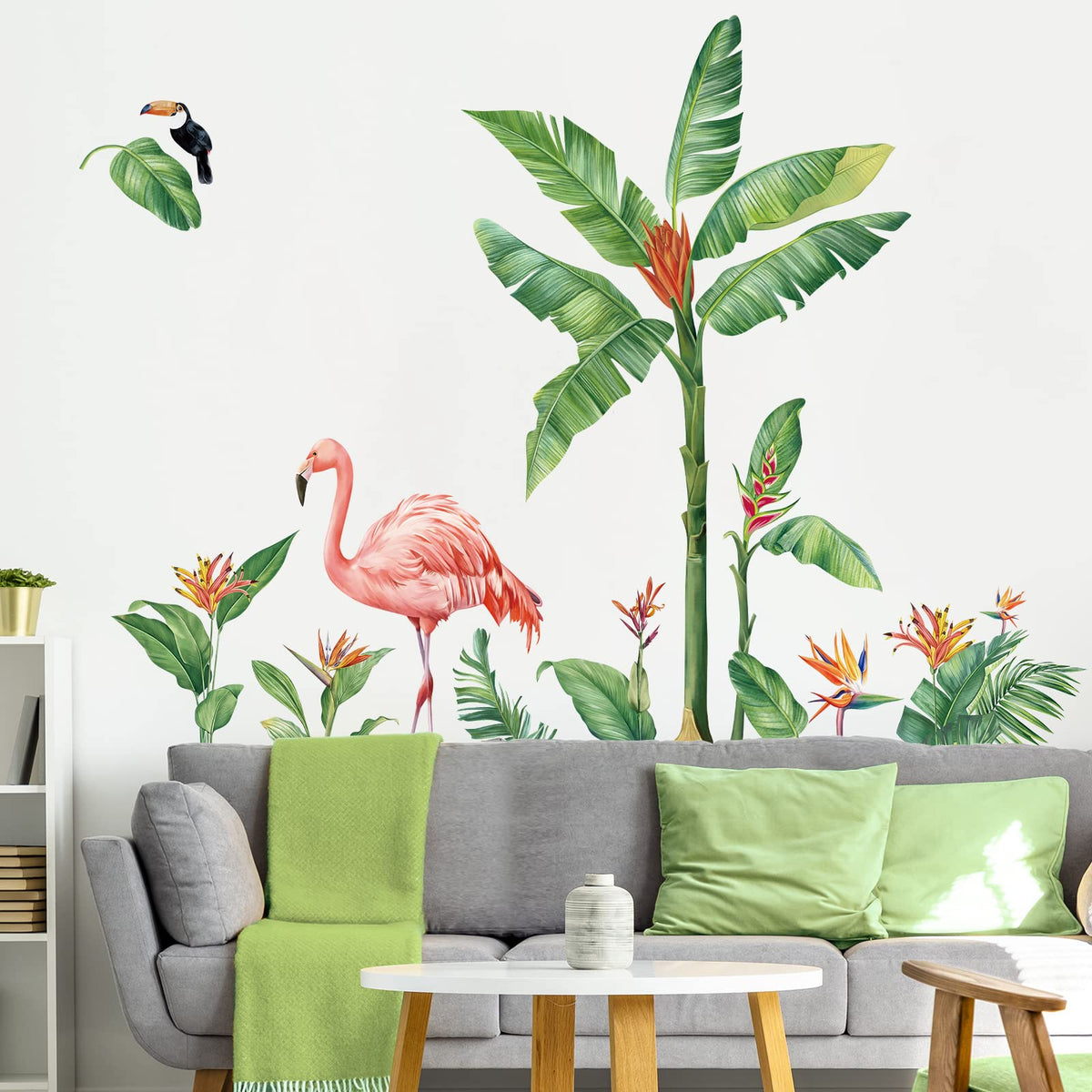 decalmile Tropical Leaves Wall Decals Flamingo Green Plants Wall Stickers Living Room Bedroom Sofa TV Background Wall Decor