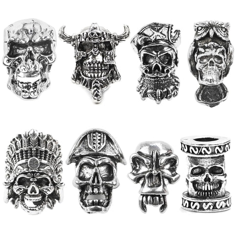 XPEX Pack of 8 Skull Knife Lanyard Beads, Paracord Beads, Edc Charm Beads, Antique Silver Large Hole Beads, Paracord Cord Tool Bead, Beard Bead for Key Chain (Hole 5.5 mm)