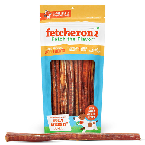 FETCHERONI Jumbo Bully Sticks for Dogs - 100% Beef Premium Flavor - A Thick, Challenging Bully Stick for Your Large Dog and Aggressive Chewer- Long Lasting Dog Chews for Large Dogs (12 Inch, 10 Pack)