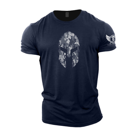 GYMTIER Spartan Helmet Hex Camo - Spartan Gym T-Shirt for Men Bodybuilding Weighlifting Strongman Training Top Active Wear Spartan Forged Navy Large