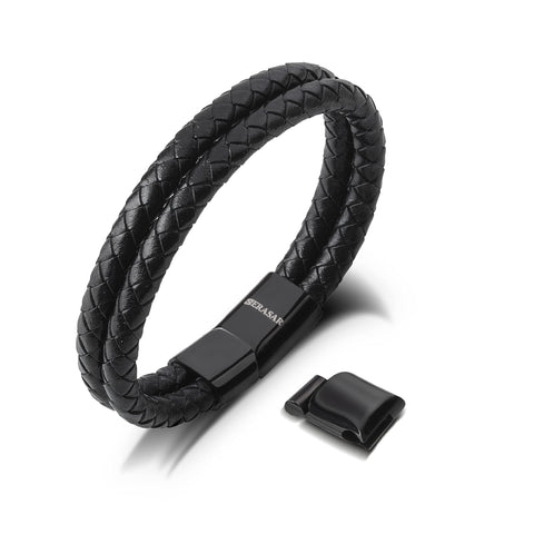 SERASAR 9? Black Leather Bracelets for Men - Mens Bracelets Cowhide Gift-Box Braided Bracelet Stainless Steel Jewelry Wrist-Band Cuff Wrap Rope Bangle Dad Man Pulseras para Hombres Cuero Regalo
