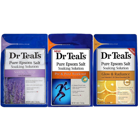 Dr Teal's Epsom Salt Bath Variety Gift Set (3 Pack, 3lbs Ea.) - Pre & Post Workout, Lavender, & Vitamin C & Citrus - Essential Oils Blended with Pure Epsom Salt Relieves Aches & Alleviate Daily Stress