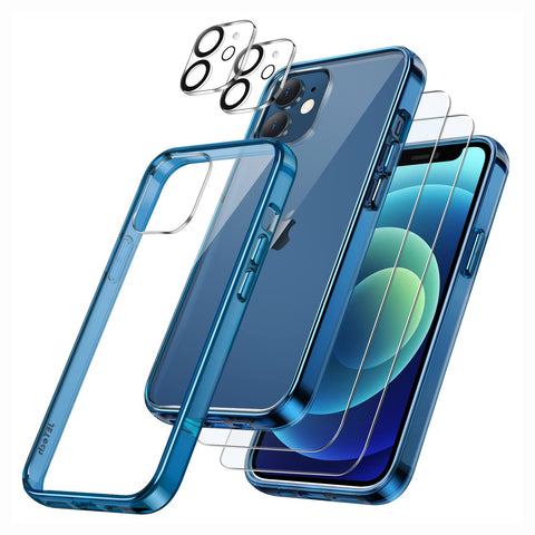 JETech 5 in 1 Case for iPhone 12 Mini 5.4-Inch, with 2-Pack Screen Protector and 2-Pack Camera Lens Protector, Full Coverage Tempered Glass Film, Shockproof Bumper Phone Cover (Navy)