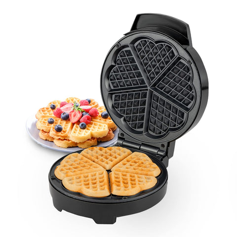 Geepas Waffle Maker - 5 Slice Heart Shaped Non-Stick Electric Belgian Waffle Maker with Adjustable Temperature Control - American Waffle Machine, Waffle Iron - 2 Years Warranty, 1000W, Silver & Black