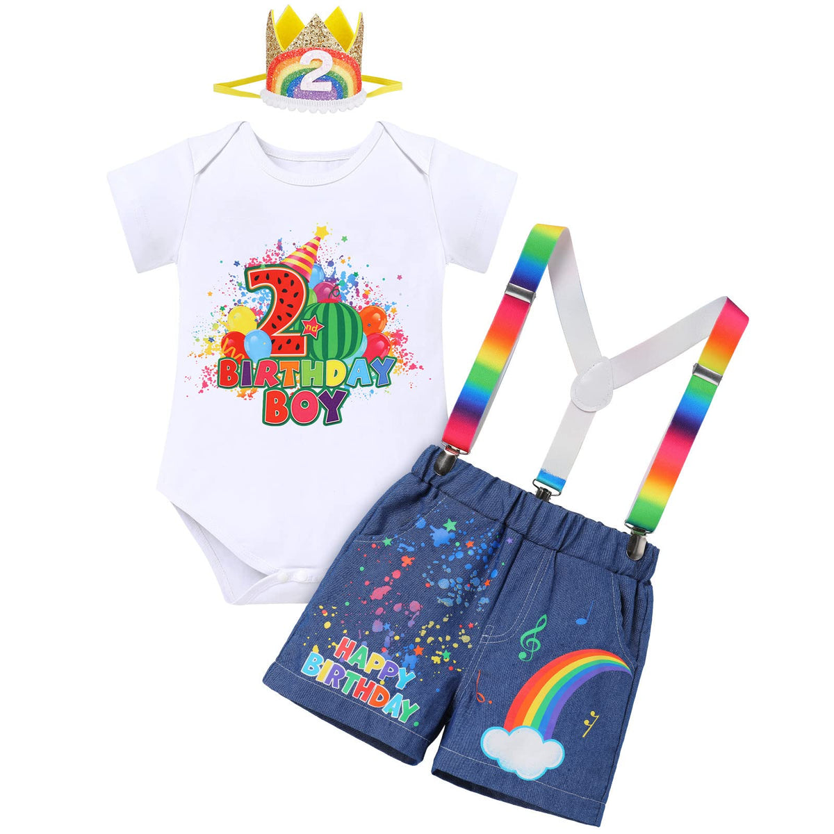 Watermelon 2nd Birthday Outfit Baby Boy Cake Smash Romper Denim Bloomers Jeans Shorts Suspenders Rainbow Crown Headband Photoshoot Toddler Summer Melon Second Birthday Glow Party Supply Two 2 Year